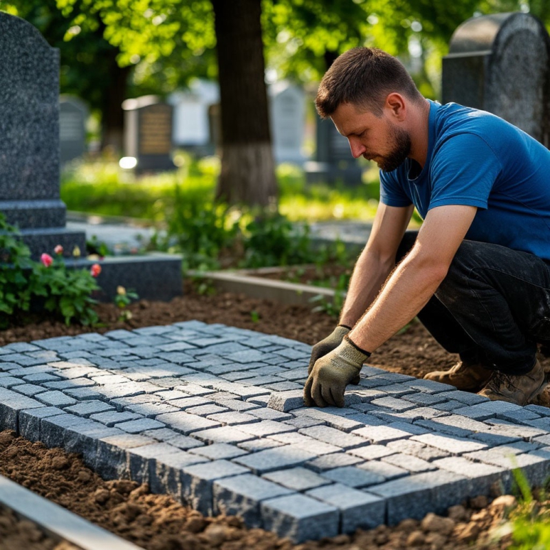 Мощение брусчаткой участка на могиле